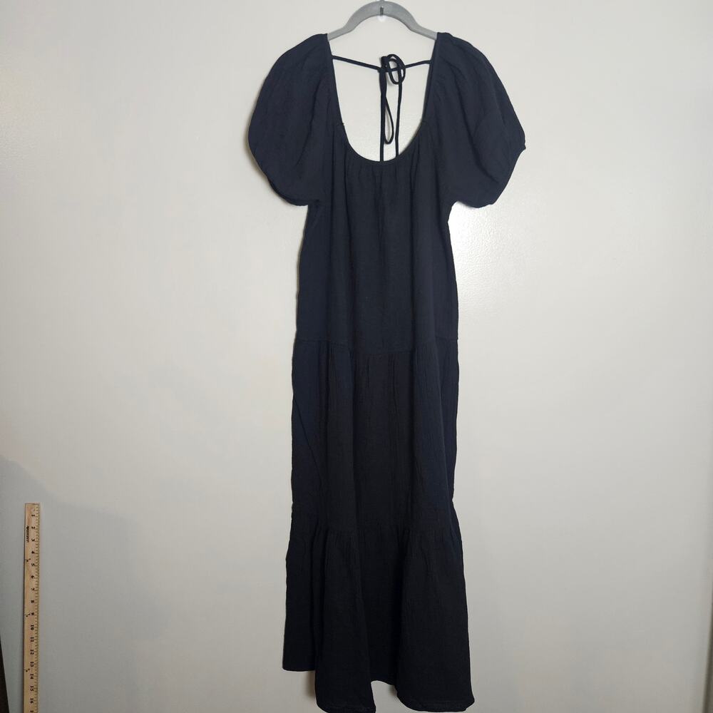 NWOT Socialite Scoop Neck Puff Sleeve Tie Back Midi Tiered Dress Sz XS Black - Picture 3 of 14